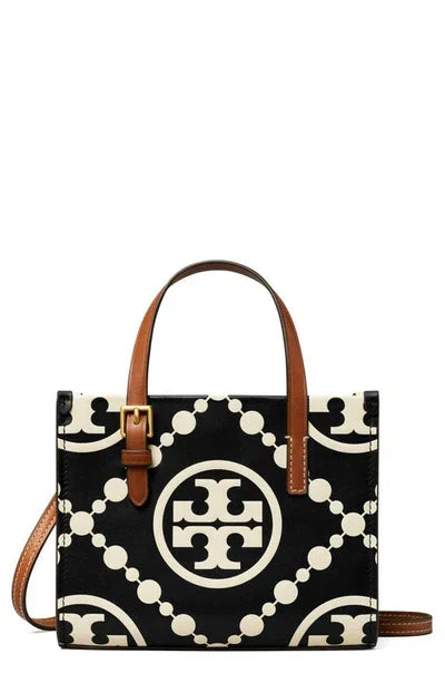 Tory Burch Mini T Monogram-embossed Leather Tote Bag In Black