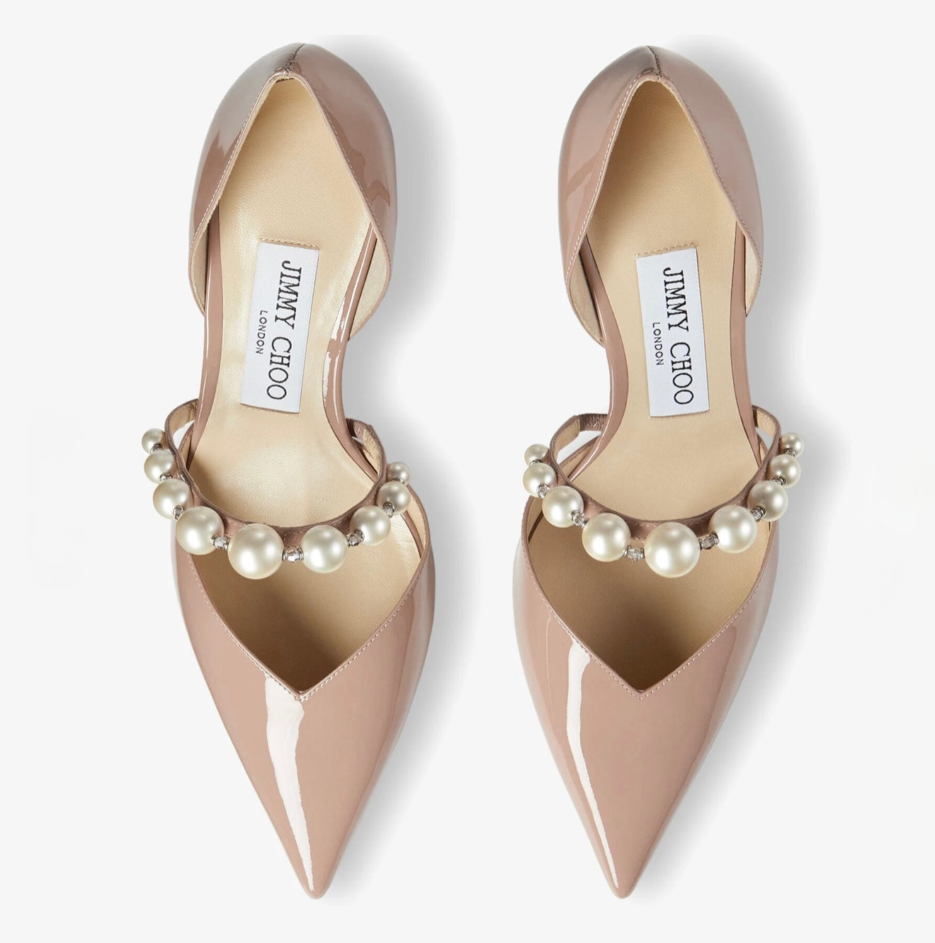 JIMMY CHOO Ballet Pink Patent Leather Pointed Pumps with Pearl Embellishment