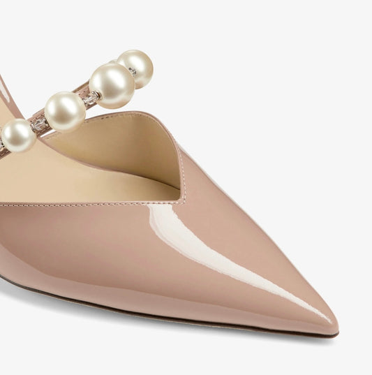 JIMMY CHOO Ballet Pink Patent Leather Pointed Pumps with Pearl Embellishment