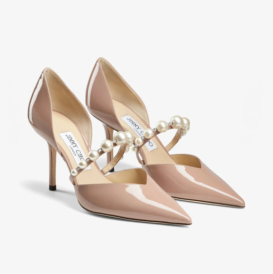 JIMMY CHOO Ballet Pink Patent Leather Pointed Pumps with Pearl Embellishment