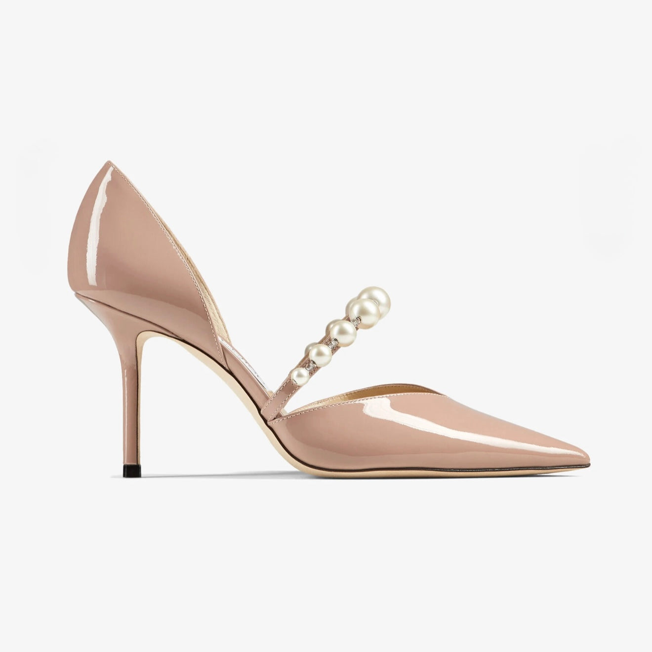JIMMY CHOO Ballet Pink Patent Leather Pointed Pumps with Pearl Embellishment