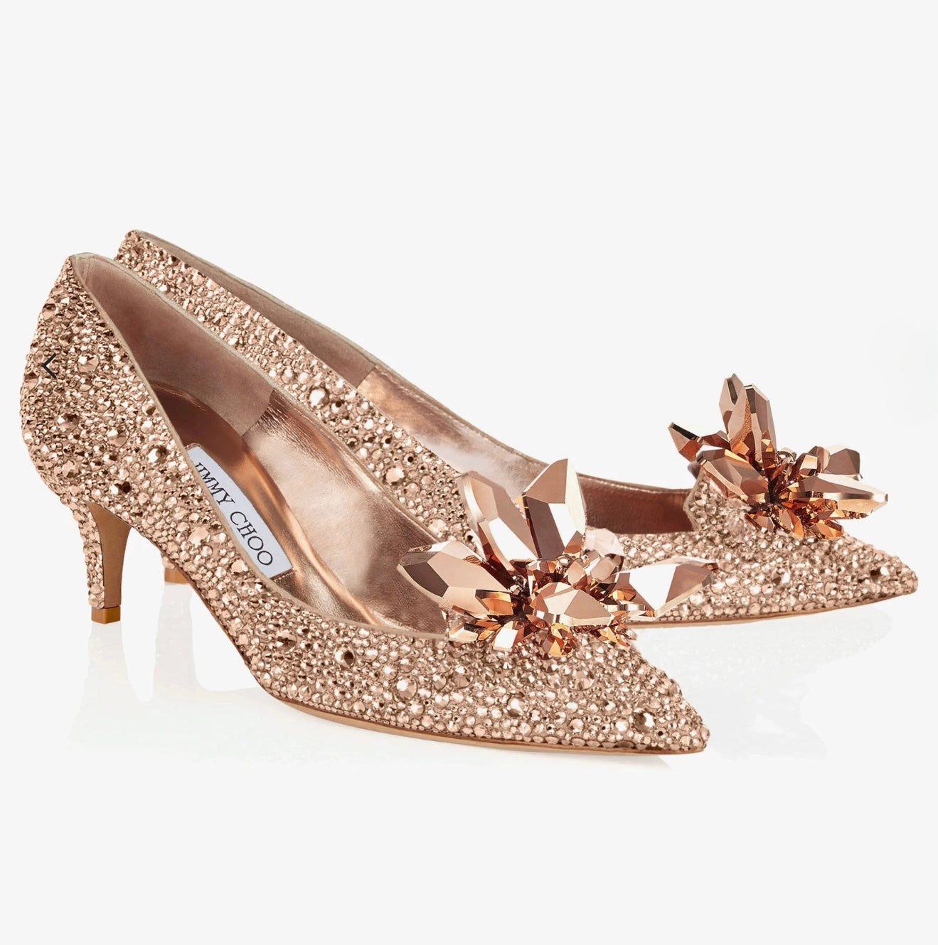 JIMMY CHOO Rose Gold Crystal Covered Pointy Toe Pumps