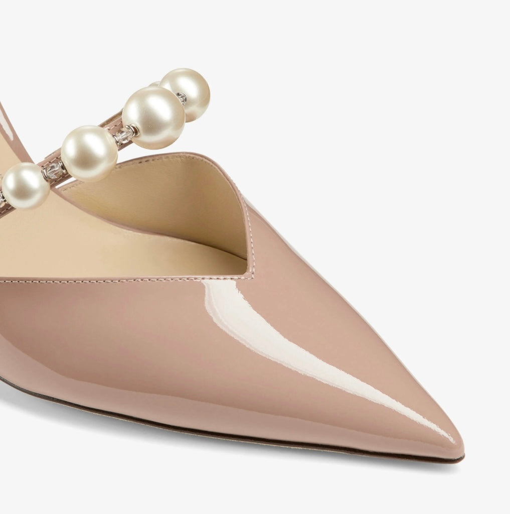 JIMMY CHOO Ballet Pink Patent Leather Pointed Pumps with Pearl Embellishment