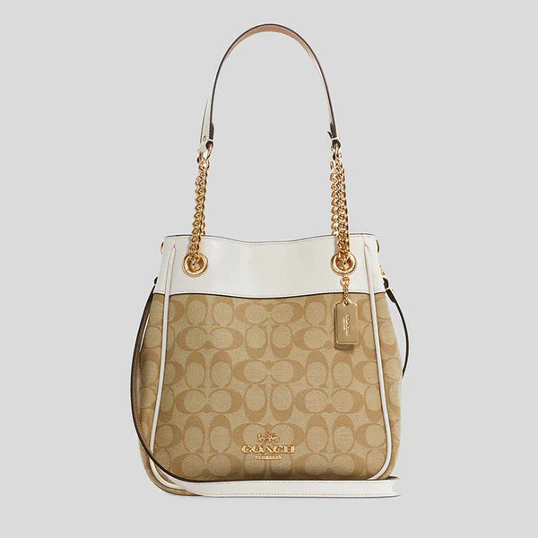 Coach Cammie Chain Bucket Bag In Signature Canvas Light Khaki/Chalk
