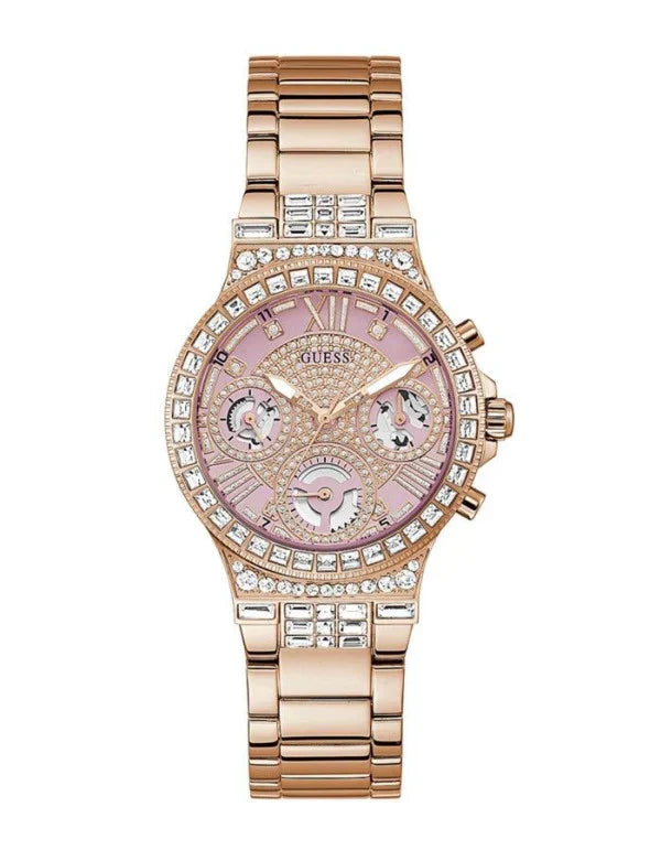 Guess Glitz Multi Function Diamonds Pink Dial Rose Gold Steel Strap Watch For Women - GW0320L6